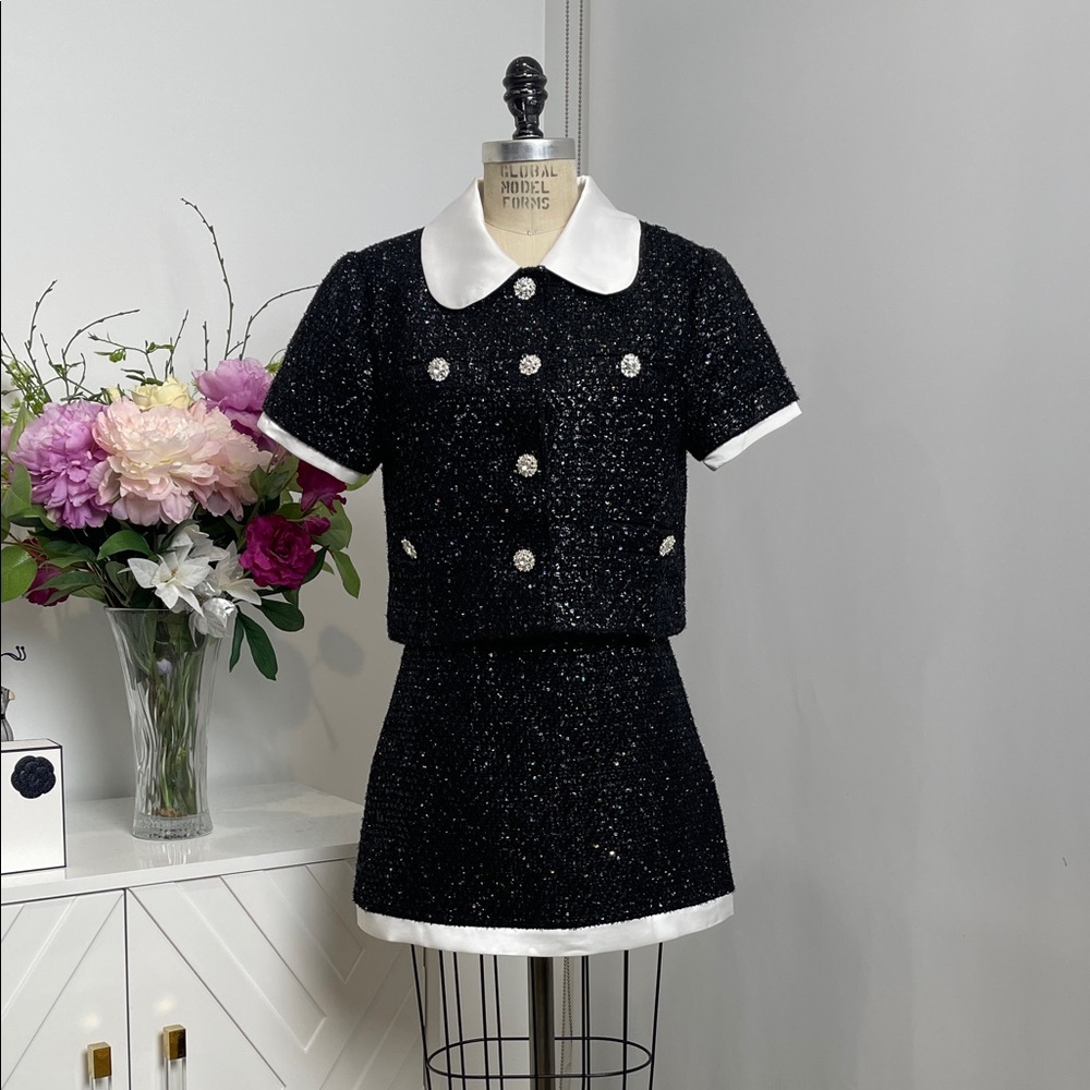 NWT Black Sequin White Trim Two Piece Set Jacket & Mini Skirt - size SMALL